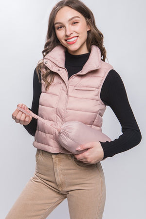 High Neck Zip Up Puffer Vest with Storage Pouch