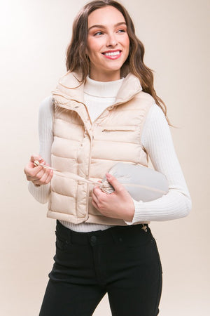 High Neck Zip Up Puffer Vest with Storage Pouch