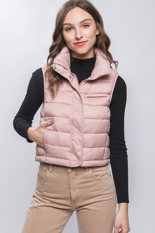 High Neck Zip Up Puffer Vest with Storage Pouch