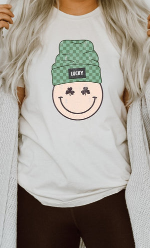 Lucky Clover Smiley with Beanie Graphic Tee