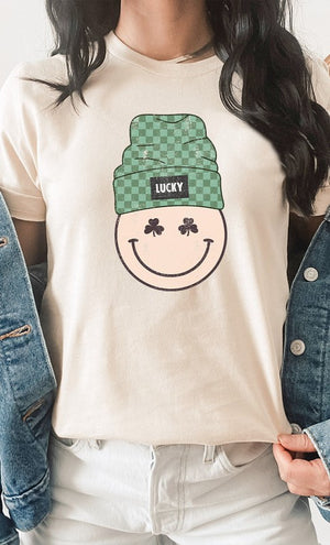 Lucky Clover Smiley with Beanie Graphic Tee