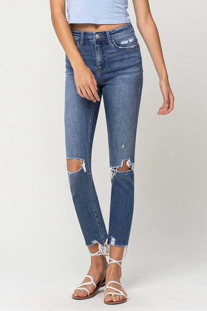 High Rise Distressed Hem Ankle Slim Straight Jeans