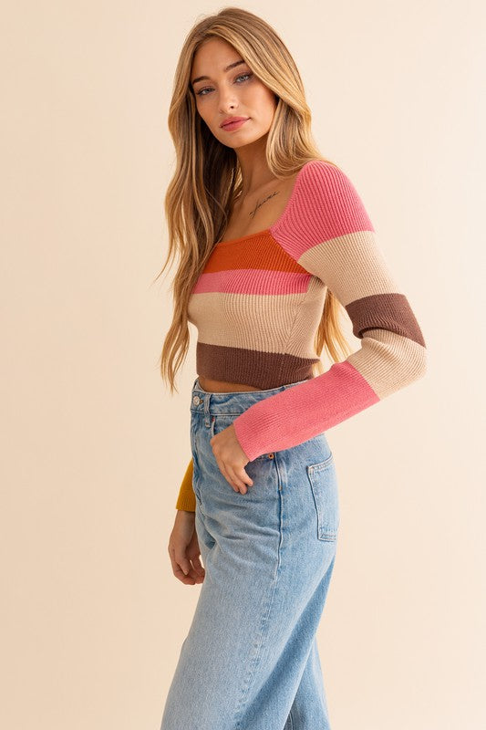 Long Sleeve Color Block Stripe Knit Top