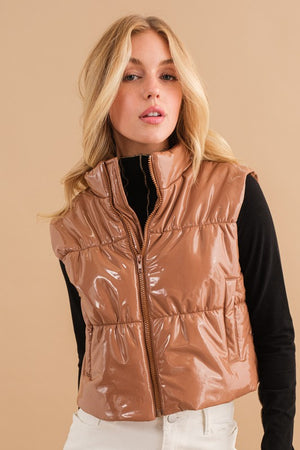 Gloss Shiny Quilted Puffer Zip Up Crop Vest