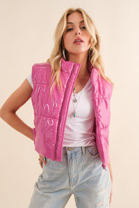 Gloss Shiny Quilted Puffer Zip Up Crop Vest