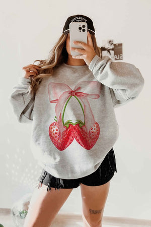 COQUETTE STRAWBERRY RIBBON BOW GRAPHIC SWEATSHIRT